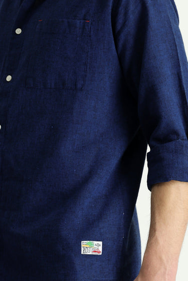 Koyu Lacivert Uzun Kol Regular Fit Spor Keten Karışımlı Düğmeli Yaka Gömlek