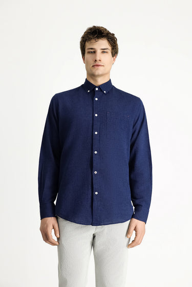Koyu Lacivert Uzun Kol Regular Fit Spor Keten Karışımlı Düğmeli Yaka Gömlek