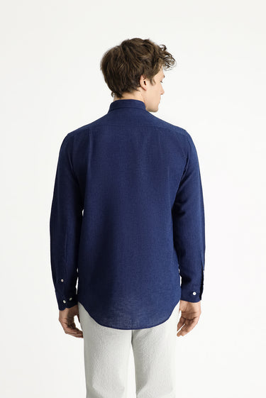 Koyu Lacivert Uzun Kol Regular Fit Spor Keten Karışımlı Düğmeli Yaka Gömlek