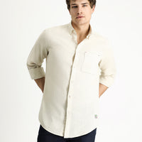Orta Bej Uzun Kol Regular Fit Spor Keten Karışımlı Düğmeli Yaka Gömlek