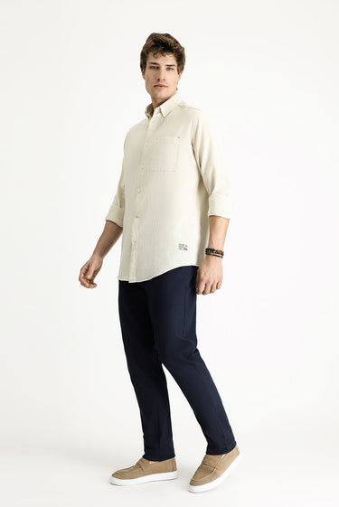 Orta Bej Uzun Kol Regular Fit Spor Keten Karışımlı Düğmeli Yaka Gömlek