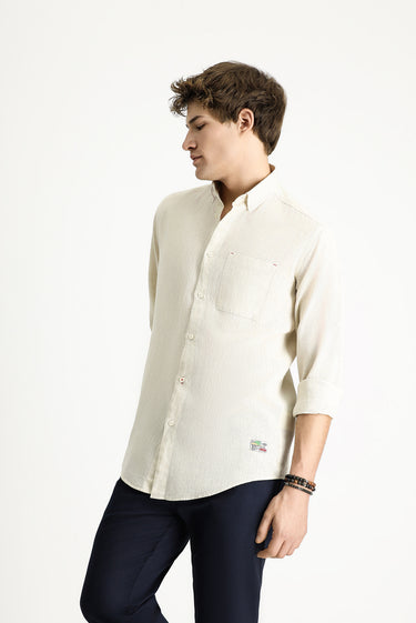 Orta Bej Uzun Kol Regular Fit Spor Keten Karışımlı Düğmeli Yaka Gömlek