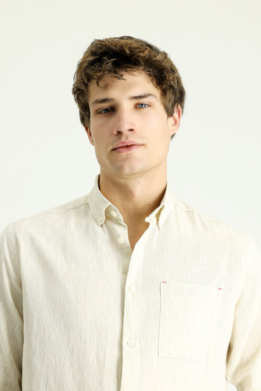 Orta Bej Uzun Kol Regular Fit Spor Keten Karışımlı Düğmeli Yaka Gömlek