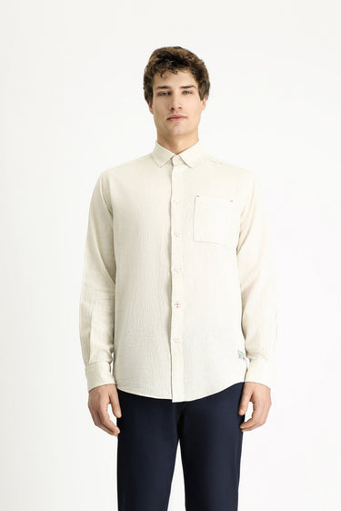 Orta Bej Uzun Kol Regular Fit Spor Keten Karışımlı Düğmeli Yaka Gömlek