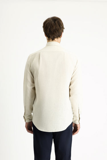 Orta Bej Uzun Kol Regular Fit Spor Keten Karışımlı Düğmeli Yaka Gömlek