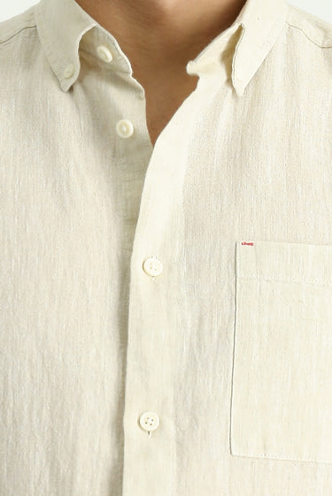 Orta Bej Uzun Kol Regular Fit Spor Keten Karışımlı Düğmeli Yaka Gömlek