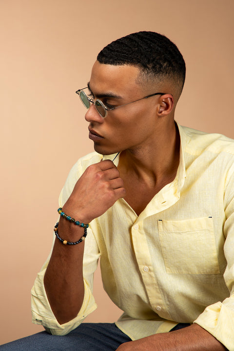 Yellow Long Sleeve Regular Fit Sport Linen Blend Button-Down Shirt