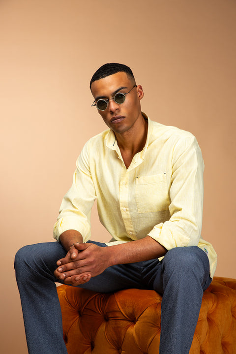 Yellow Long Sleeve Regular Fit Sport Linen Blend Button-Down Shirt