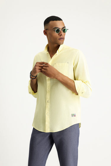 Sarı Uzun Kol Regular Fit Spor Keten Karışımlı Düğmeli Yaka Gömlek