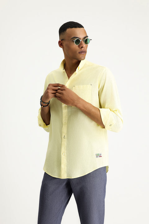 Yellow Long Sleeve Regular Fit Sport Linen Blend Button-Down Shirt