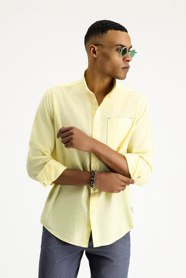 Sarı Uzun Kol Regular Fit Spor Keten Karışımlı Düğmeli Yaka Gömlek