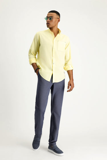 Sarı Uzun Kol Regular Fit Spor Keten Karışımlı Düğmeli Yaka Gömlek