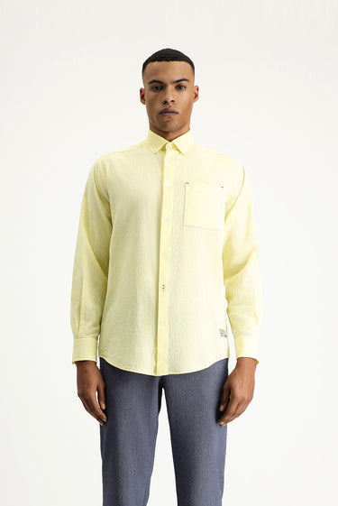 Sarı Uzun Kol Regular Fit Spor Keten Karışımlı Düğmeli Yaka Gömlek