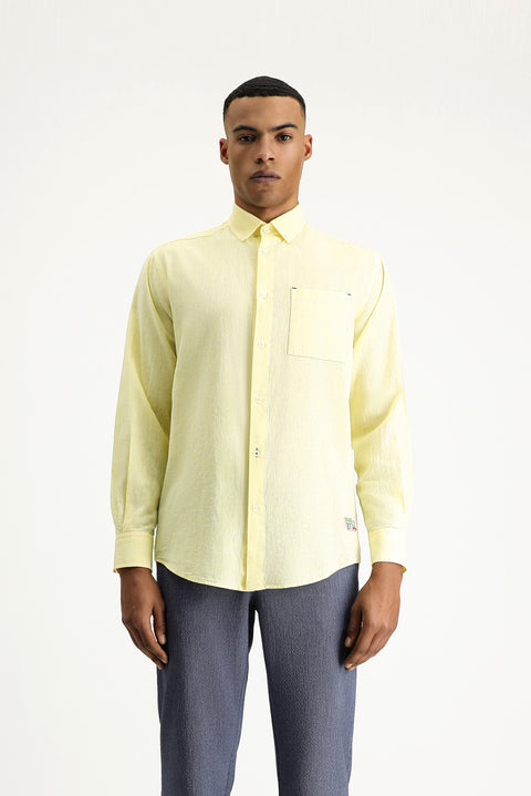 Yellow Long Sleeve Regular Fit Sport Linen Blend Button-Down Shirt