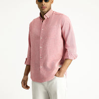 Açık Kırmızı Uzun Kol Regular Fit Spor Keten Karışımlı Düğmeli Yaka Gömlek