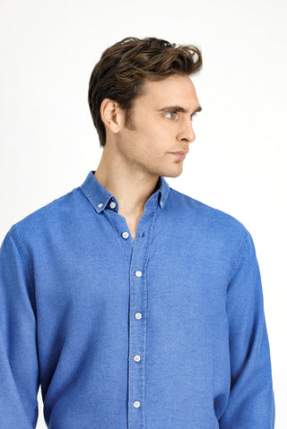  Orta Lacivert Uzun Kol Regular Fit Spor Düğmeli Yaka Denim Görünümlü Lyocell Gömlek