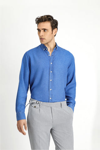  Orta Lacivert Uzun Kol Regular Fit Spor Düğmeli Yaka Denim Görünümlü Gömlek