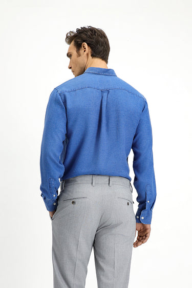 Orta Lacivert Uzun Kol Regular Fit Spor Düğmeli Yaka Denim Görünümlü Gömlek