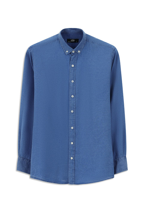 Orta Lacivert Uzun Kol Regular Fit Spor Düğmeli Yaka Denim Görünümlü Lyocell Gömlek