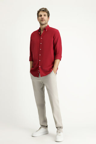  Koyu Kırmızı Uzun Kol Regular Fit Spor Pamuk Gömlek