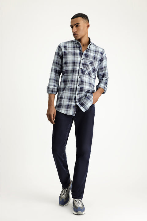 Indigo Long Sleeve Regular Fit Plaid Cotton Button-Down Shirt