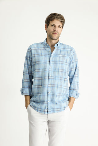  Aç?k Turkuaz Uzun Kol Regular Fit Ekose Spor Pamuk Gömlek-Ki??l?