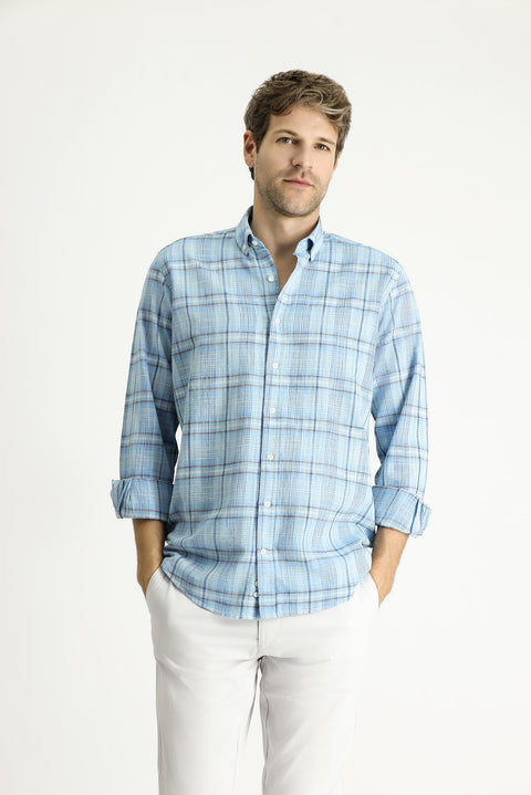 Açık Turkuaz Uzun Kol Regular Fit Ekose Spor Pamuk Gömlek