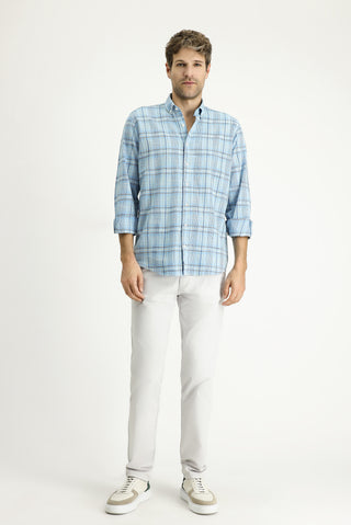  Aç?k Turkuaz Uzun Kol Regular Fit Ekose Spor Pamuk Gömlek-Ki??l?