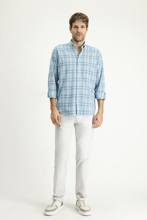 Açık Turkuaz Uzun Kol Regular Fit Ekose Spor Pamuk Gömlek