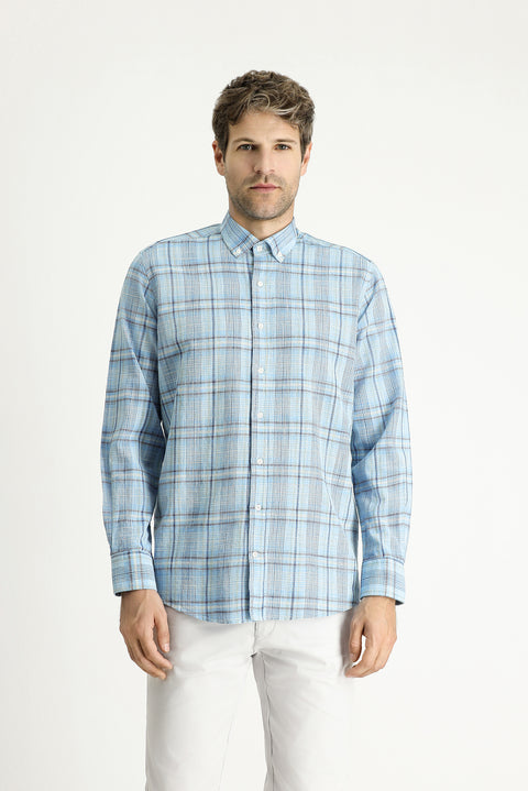 Açık Turkuaz Uzun Kol Regular Fit Ekose Spor Pamuk Gömlek
