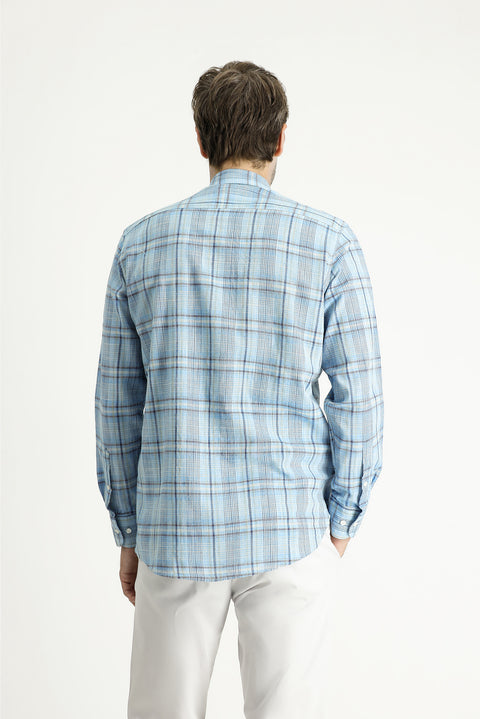 Açık Turkuaz Uzun Kol Regular Fit Ekose Spor Pamuk Gömlek