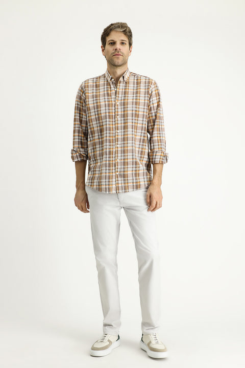 Açık Kahve  Uzun Kol Regular Fit Ekose Spor Pamuk Gömlek