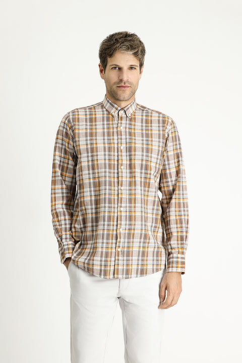 Açık Kahve  Uzun Kol Regular Fit Ekose Spor Pamuk Gömlek