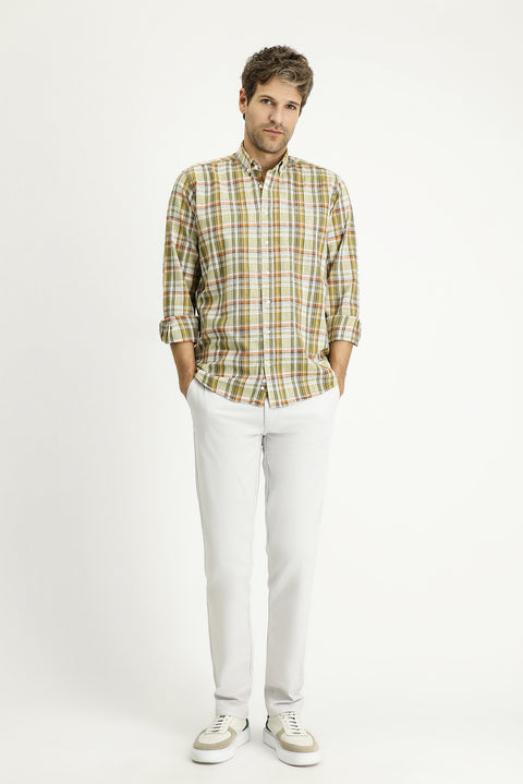 Açık Haki Uzun Kol Regular Fit Ekose Spor Pamuk Gömlek