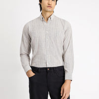 Beyaz-Lacivert Uzun Kol Regular Fit Ekose Spor Pamuk Düğmeli Yaka Gömlek