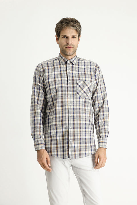 Orta Lacivert Uzun Kol Regular Fit Ekose Pamuk Gömlek