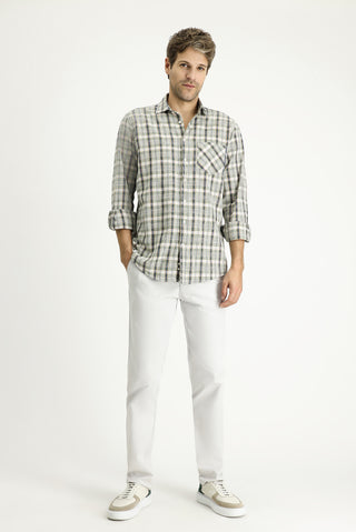  Orta Haki Uzun Kol Regular Fit Ekose Pamuk Gömlek