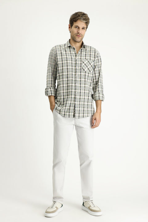 Orta Haki Uzun Kol Regular Fit Ekose Pamuk Gömlek