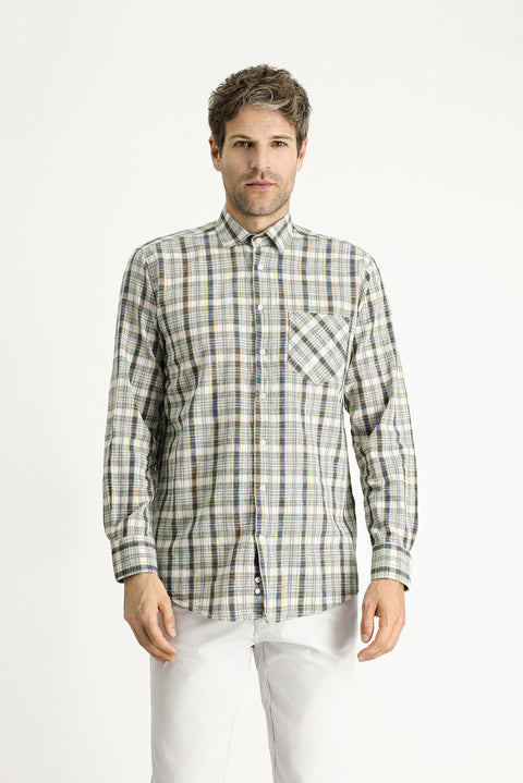 Orta Haki Uzun Kol Regular Fit Ekose Pamuk Gömlek