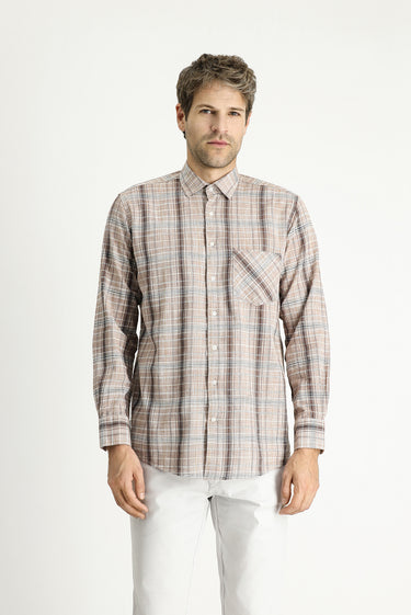  Açık Kahve  Uzun Kol Regular Fit Ekose Pamuk Gömlek