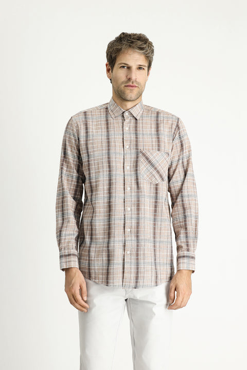 Açık Kahve  Uzun Kol Regular Fit Ekose Pamuk Gömlek