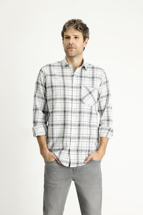 Beyaz Uzun Kol Regular Fit Ekose Pamuk Gömlek