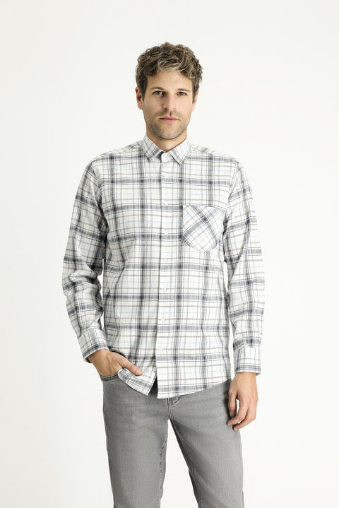 Beyaz Uzun Kol Regular Fit Ekose Pamuk Gömlek