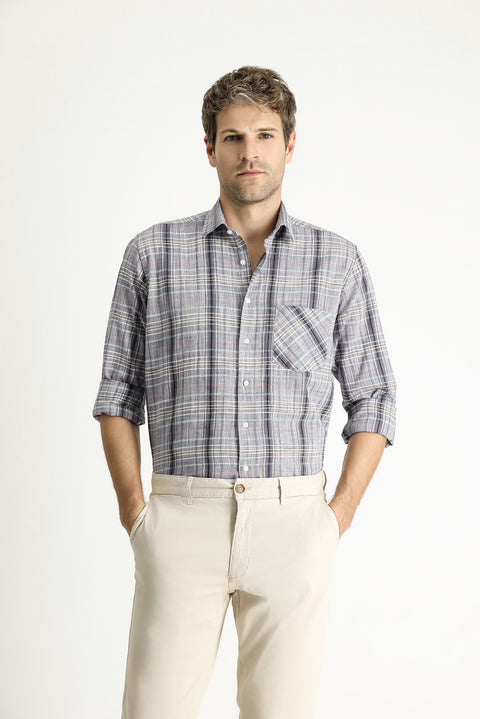 Açık Antrasit Uzun Kol Regular Fit Ekose Pamuk Gömlek