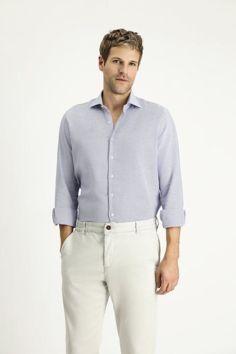 Açık Lacivert Uzun Kol Slim Fit Dar Kesim Klasik Desenli Pamuk Gömlek