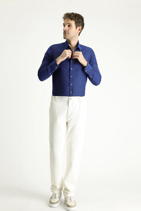 Açık Lacivert Uzun Kol Slim Fit Dar Kesim Desenli Spor Pamuk Gömlek