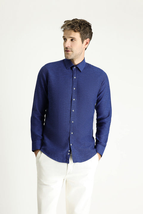 Açık Lacivert Uzun Kol Slim Fit Dar Kesim Desenli Spor Pamuk Gömlek