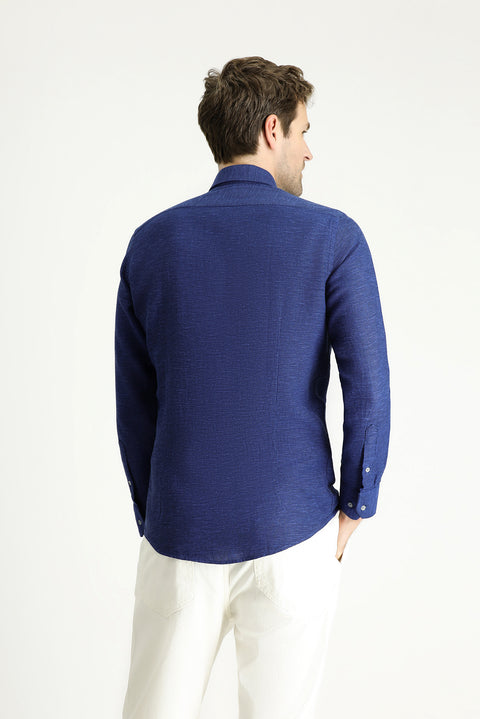 Açık Lacivert Uzun Kol Slim Fit Dar Kesim Desenli Spor Pamuk Gömlek