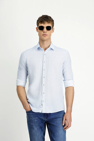  Açık Mavi Uzun Kol Slim Fit Dar Kesim Desenli Spor Pamuk Gömlek