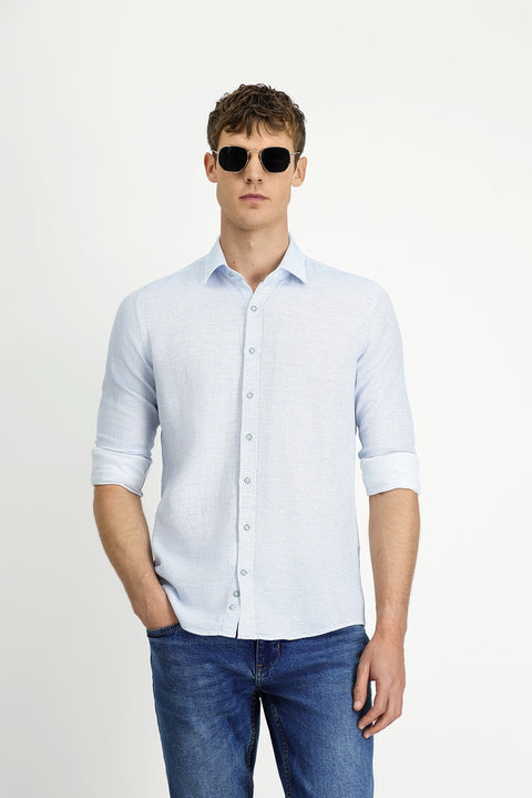 Açık Mavi Uzun Kol Slim Fit Dar Kesim Desenli Spor Pamuk Gömlek